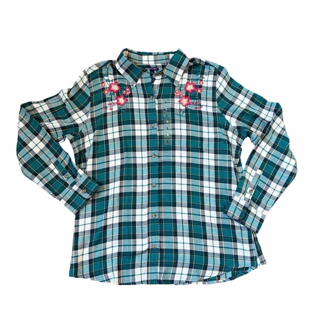Northcrest Harbor Blue Floral Embroidered 100% Cotton Plaid Button Up Sz L